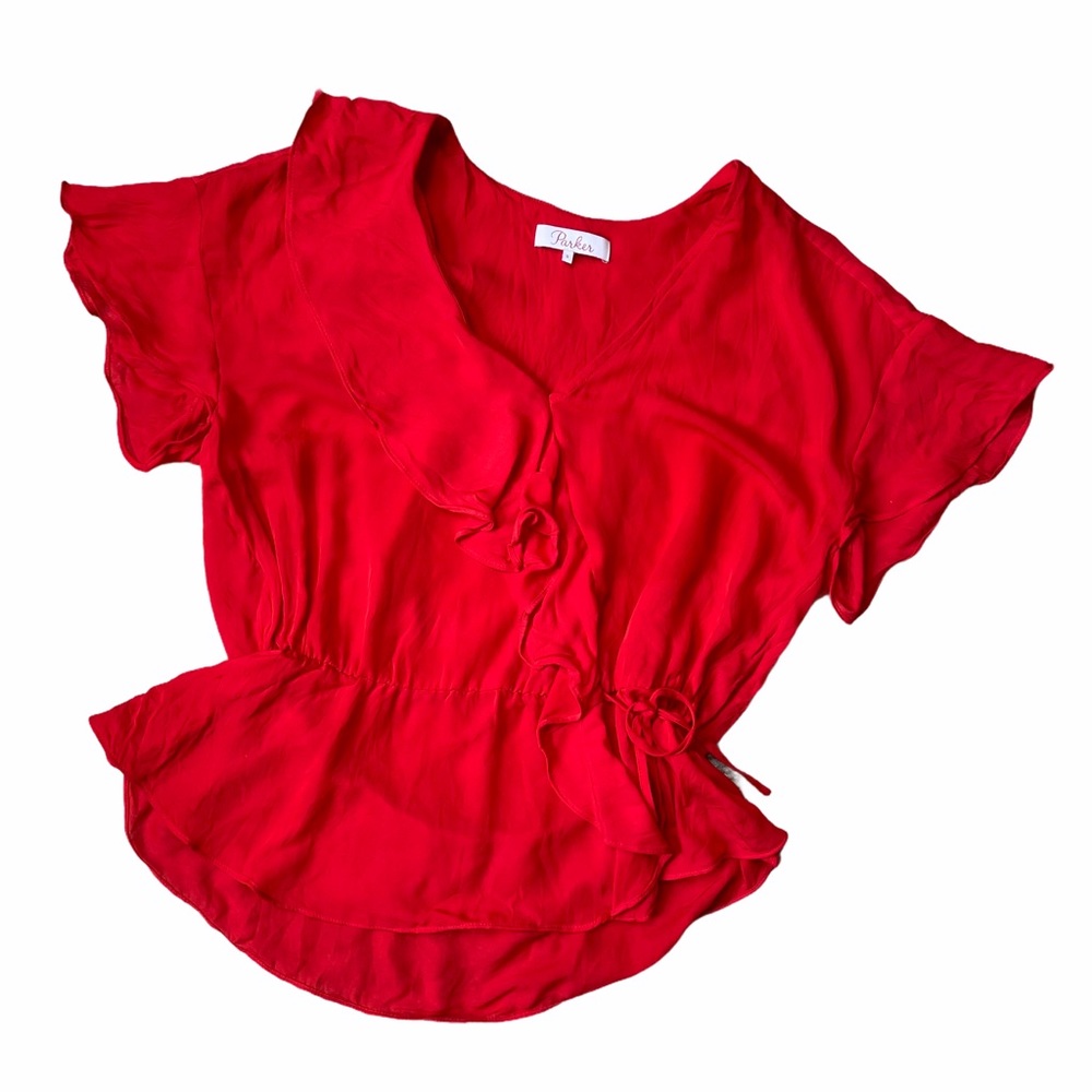 Parker Red Ruffled Silk Cap Sleeve Blouse Size S